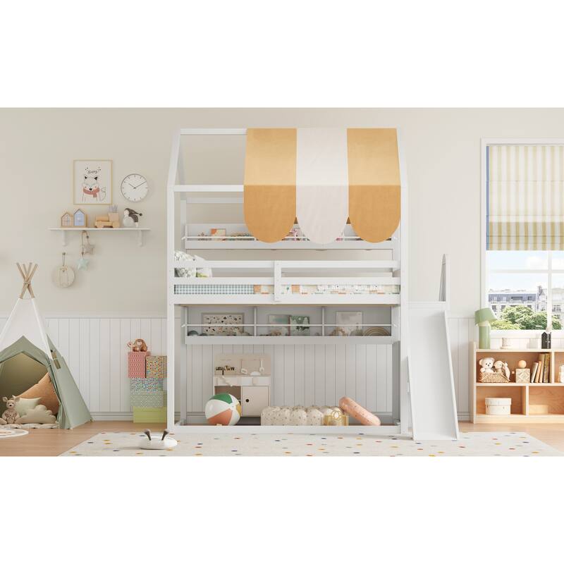 GDFStudio - Wooden Full Size House Bed with Canopy, Slide and Bookshelves