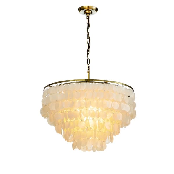 slide 2 of 7, 6-Light Coastal Natural Capiz Shell Tiered Chandelier With Antique Gold Metal Gold