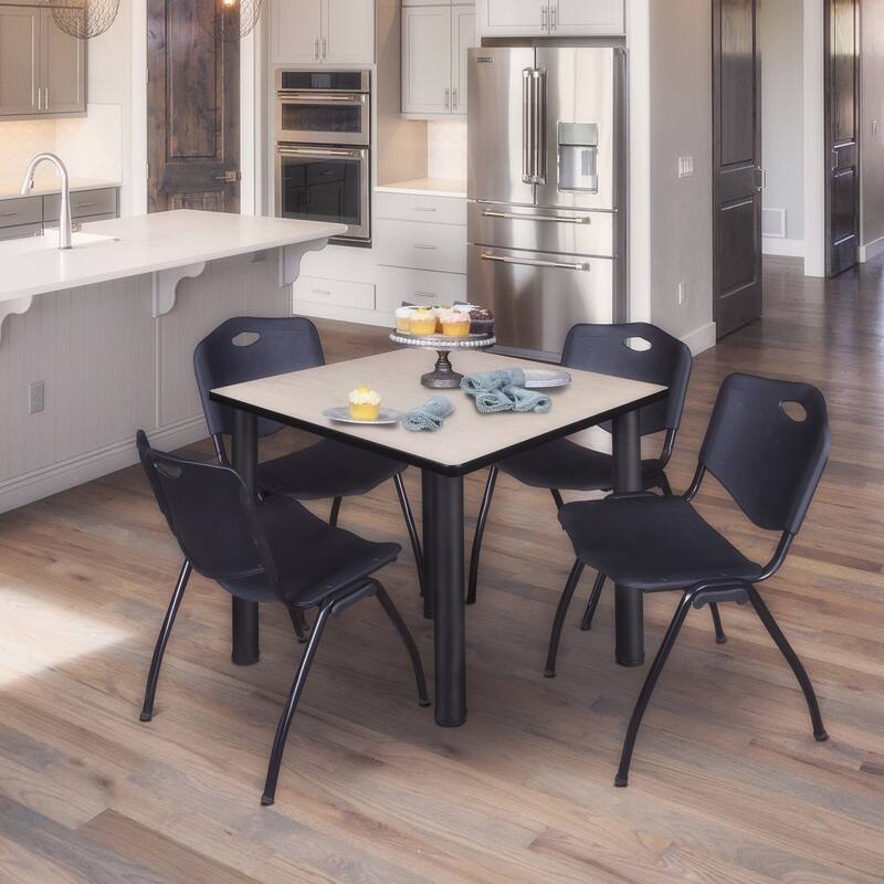42 in. Square Breakroom Table- Maple/ Black & 4 'M' Stack Chairs- Black