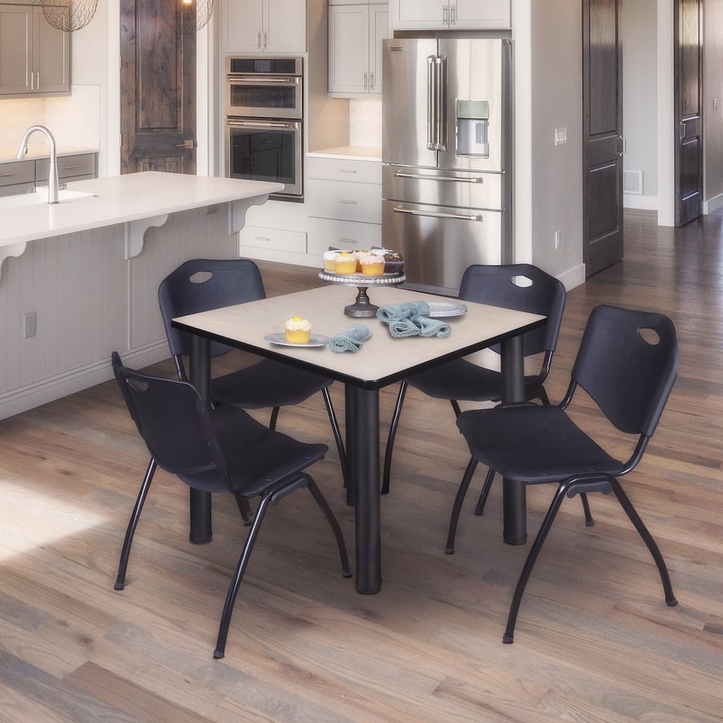 42 in. Square Breakroom Table- Maple/ Black & 4 'M' Stack Chairs- Black