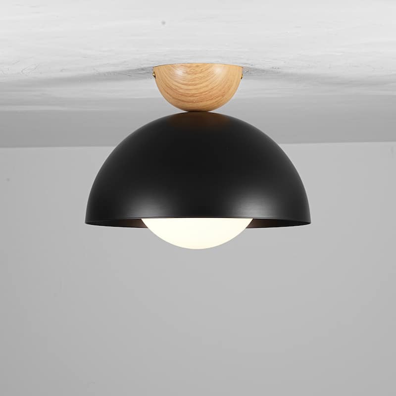 1-Light 11.8" Modern Farmhouse Black Semi-Flush Mount Ceiling Light - 11.8 in. W x 9.84 in. H