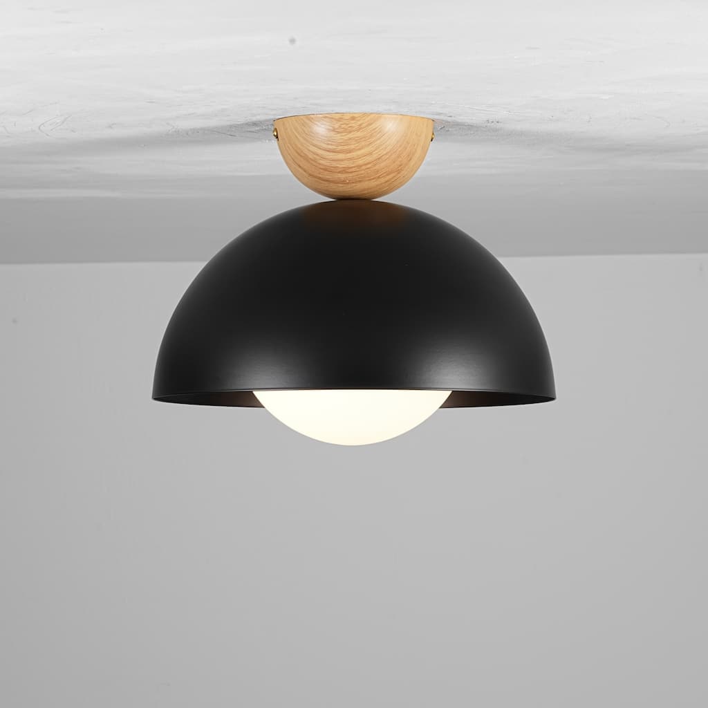 1-Light 11.8" Modern Farmhouse Black Semi-Flush Mount Ceiling Light - 11.8 in. W x 9.84 in. H