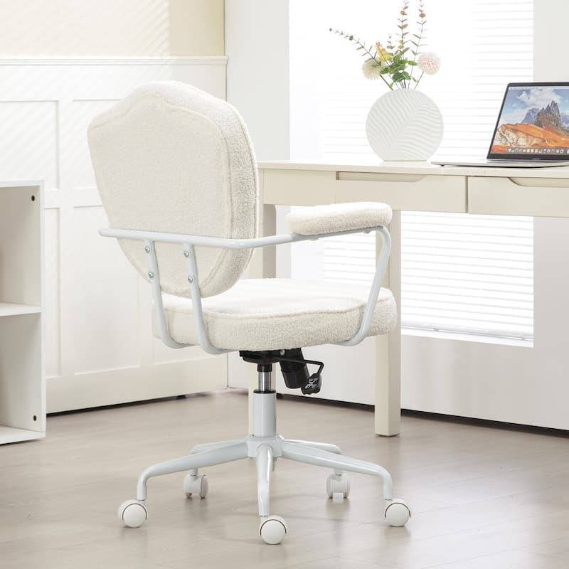 Cute Home Office Chair, Computer Desk Chair with Button Tufted Teddy Bear Fleece, Swivel Vanity Chair, Cream White