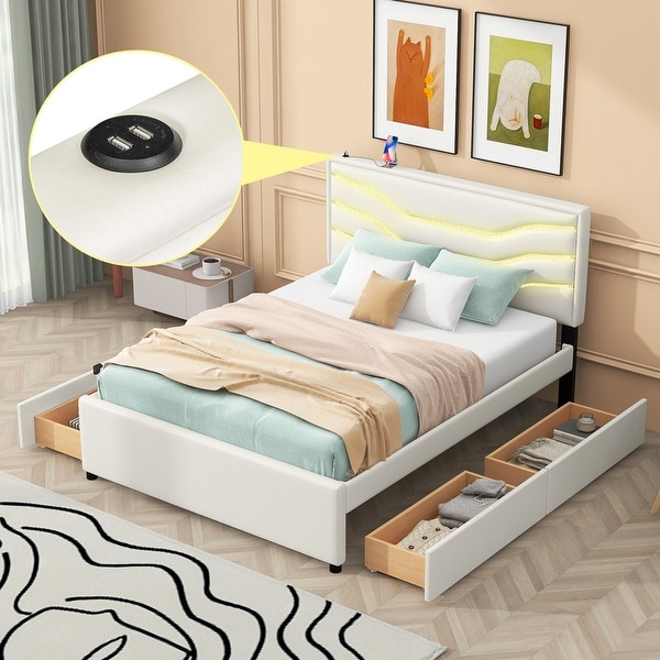 Queen LED Bed Frame with 4 Storage Drawers and USB Ports Modern
