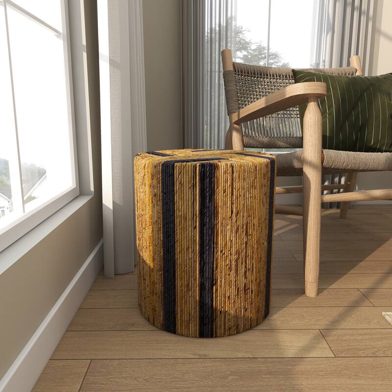 Brown Banana Leaf Handmade Linear Wrapped Accent Table with Navy Stripes - Brown - 14" x 14" x 16"