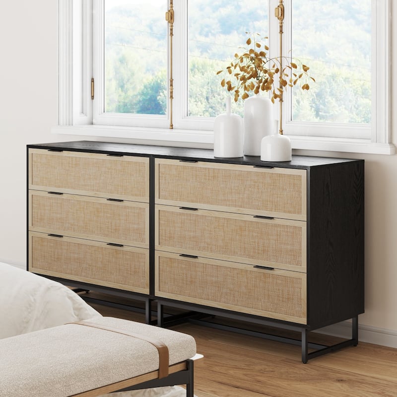Kova 3-Drawer Rattan Dresser or Bohemian Living Room Storage Cabinet with Textilene Rattan Accent and Metal Legs