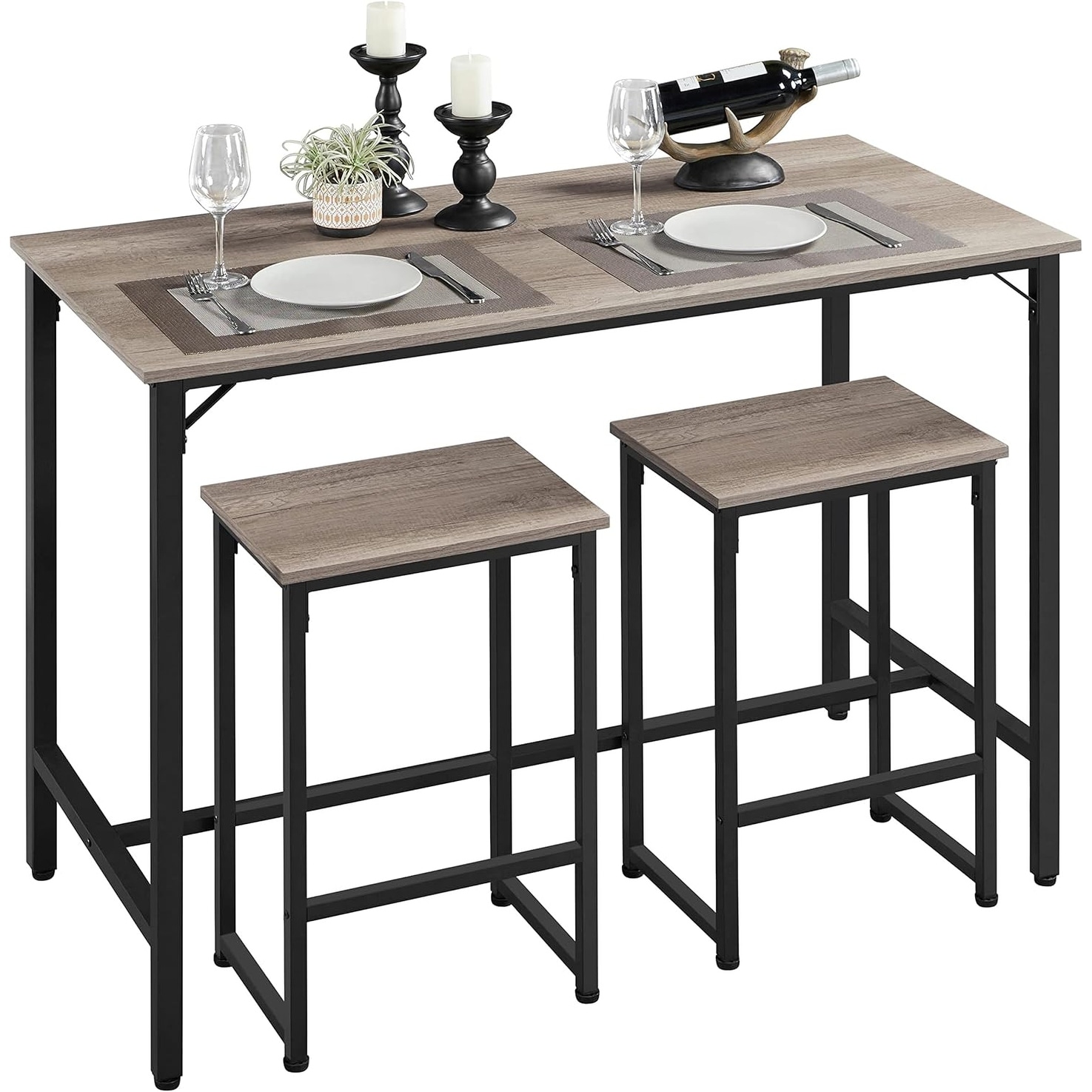 3-Piece Counter Height Dining Table Set with 2 Bar Stools, Industrial Style, Space-Saving Design for Small Spaces