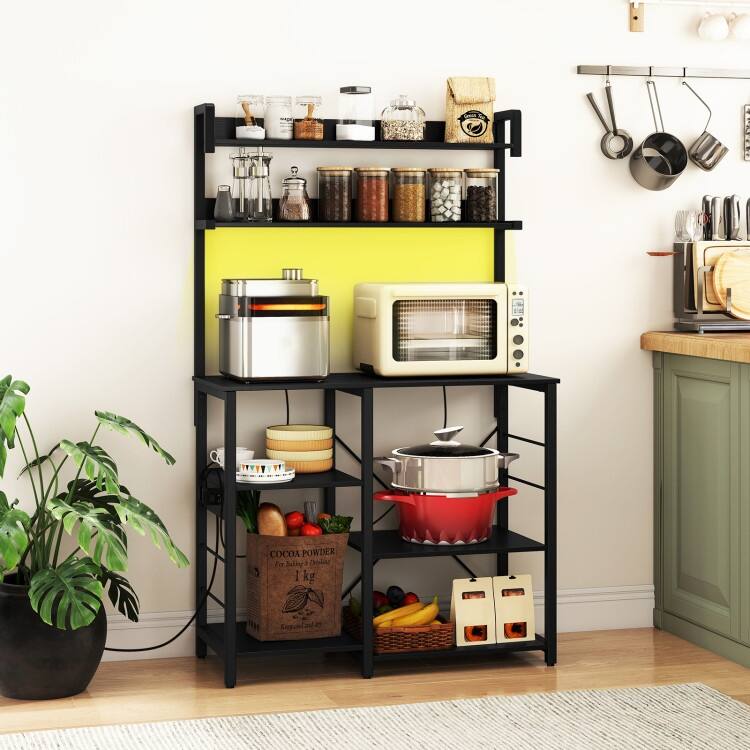 Kitchen Baker’s Rack with Charging Station, LED Light, Coffee Bar Station with Shelves - 35.5" x 16" x 58"