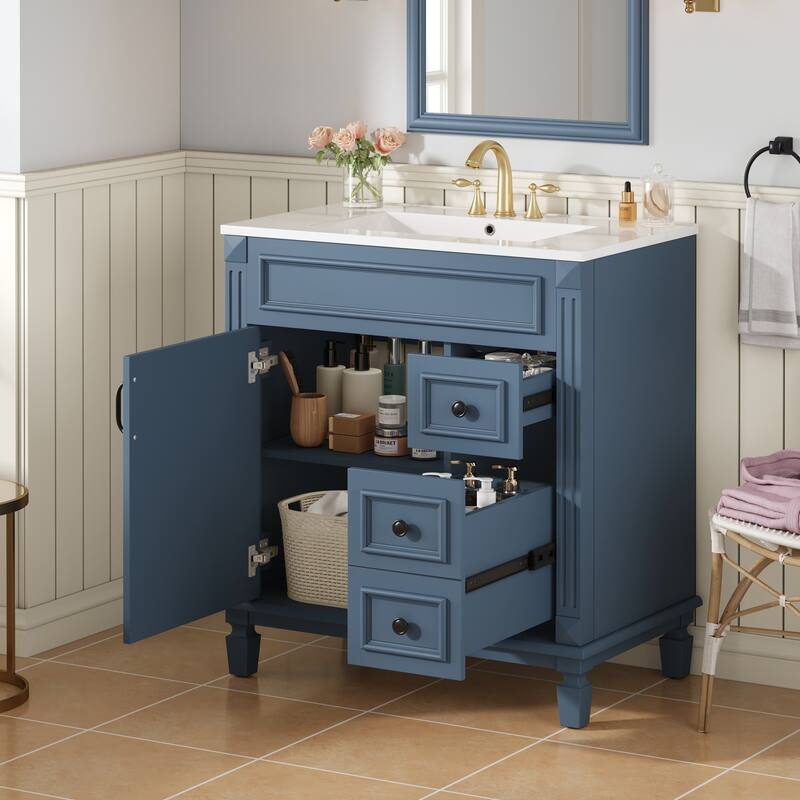 30" Modern Bathroom Vanity with Ceramic Sink - Small Space Cabinet with 2 Soft-Close Drawers & Adjustable Shelf