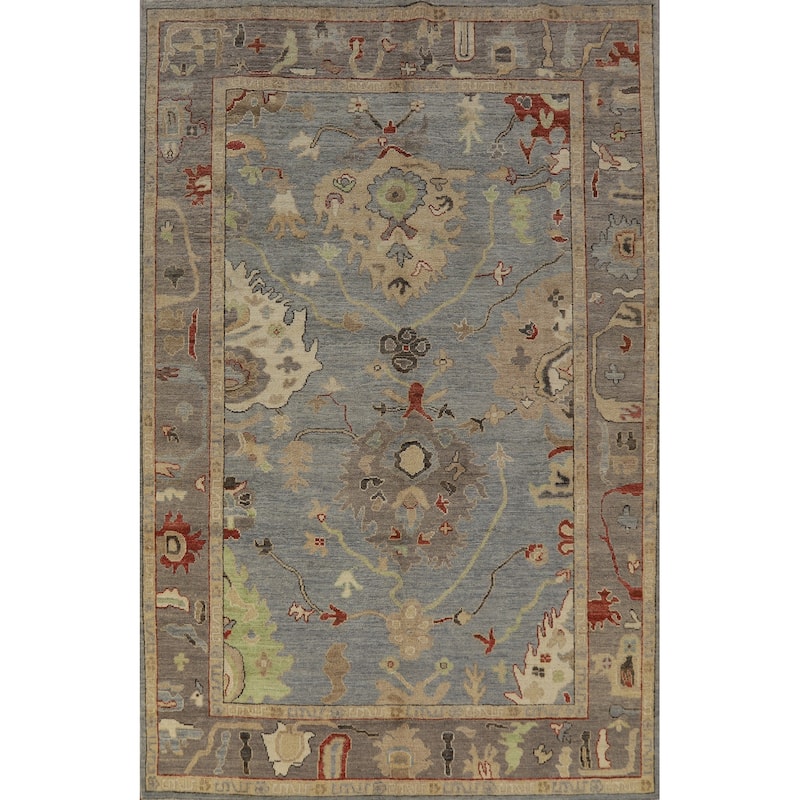 Hand Knotted Oriental 100% Wool Carpet Transitional Floral Navy Blue & Blues Oushak Area Rug - 8' 6'' X 6' 0''