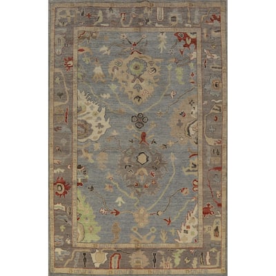 Hand Knotted Oriental 100% Wool Carpet Transitional Floral Navy Blue & Blues Oushak Area Rug - 8' 6'' X 6' 0''