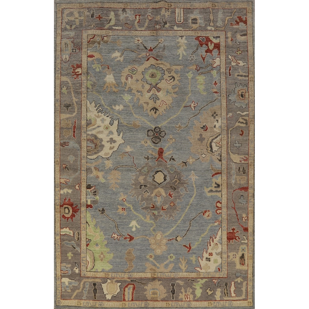 Hand Knotted Oriental 100% Wool Carpet Transitional Floral Navy Blue & Blues Oushak Area Rug - 8' 6'' X 6' 0''