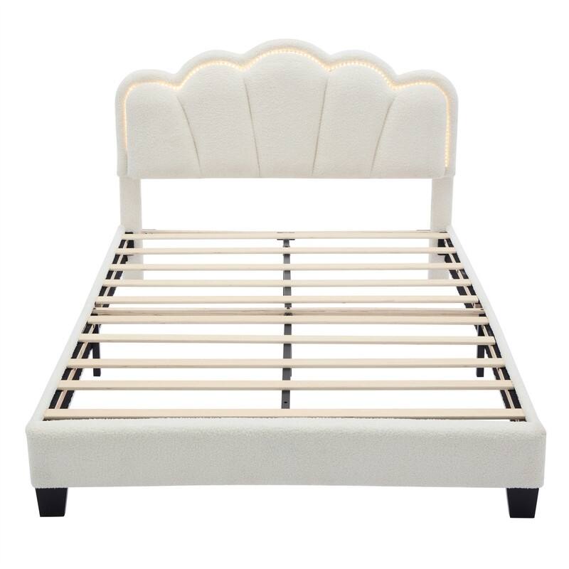 Upholstered Platform Bed with Flower-Shaped Headboard & LED Light Strip, Twin/Full Size Sherpa Fabric Bed Frame w/ Slats Support
