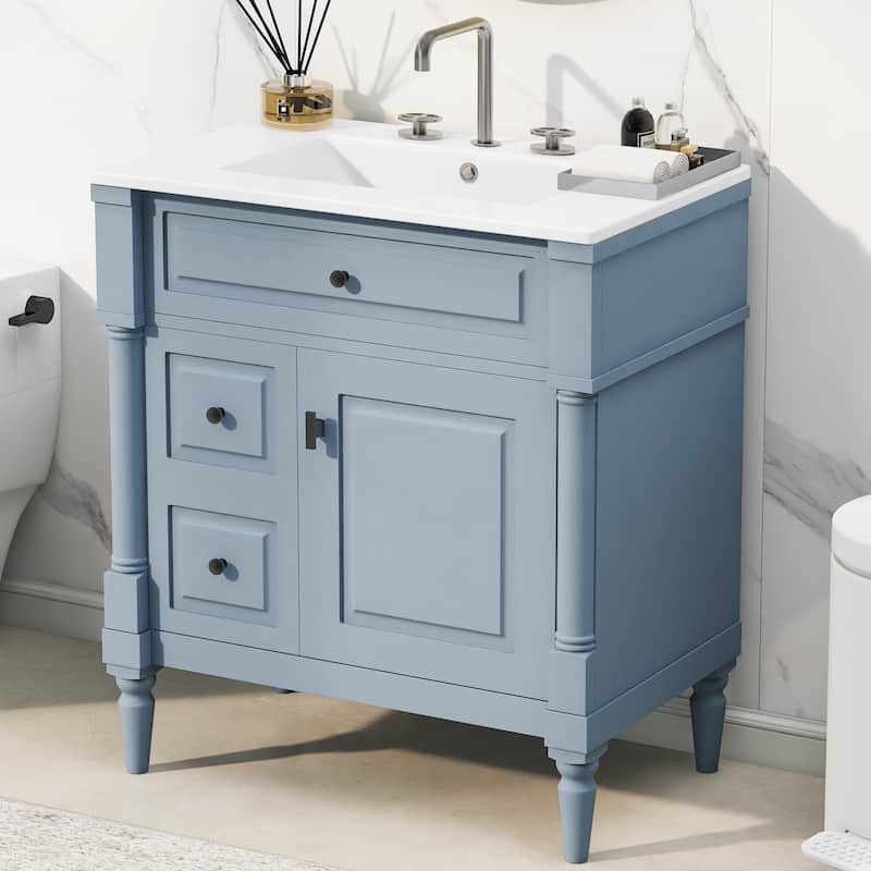 30" Bathroom Vanity with Sink, Freestanding Solid Rubberwood Cabinet with Flip Drawer & Adjustable Shelf