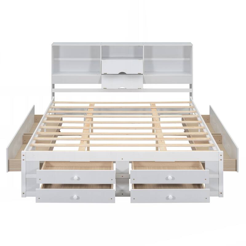 King Size Platform Bed with Storage Headboard and 8 Drawers