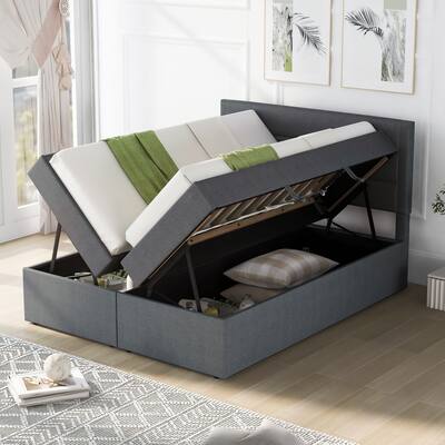Modern Queen Upholstered Platform Bed with 2 Storage Underneath, Wood Storage Bed Frame w/Headboard, No Box Spring Required,Grey