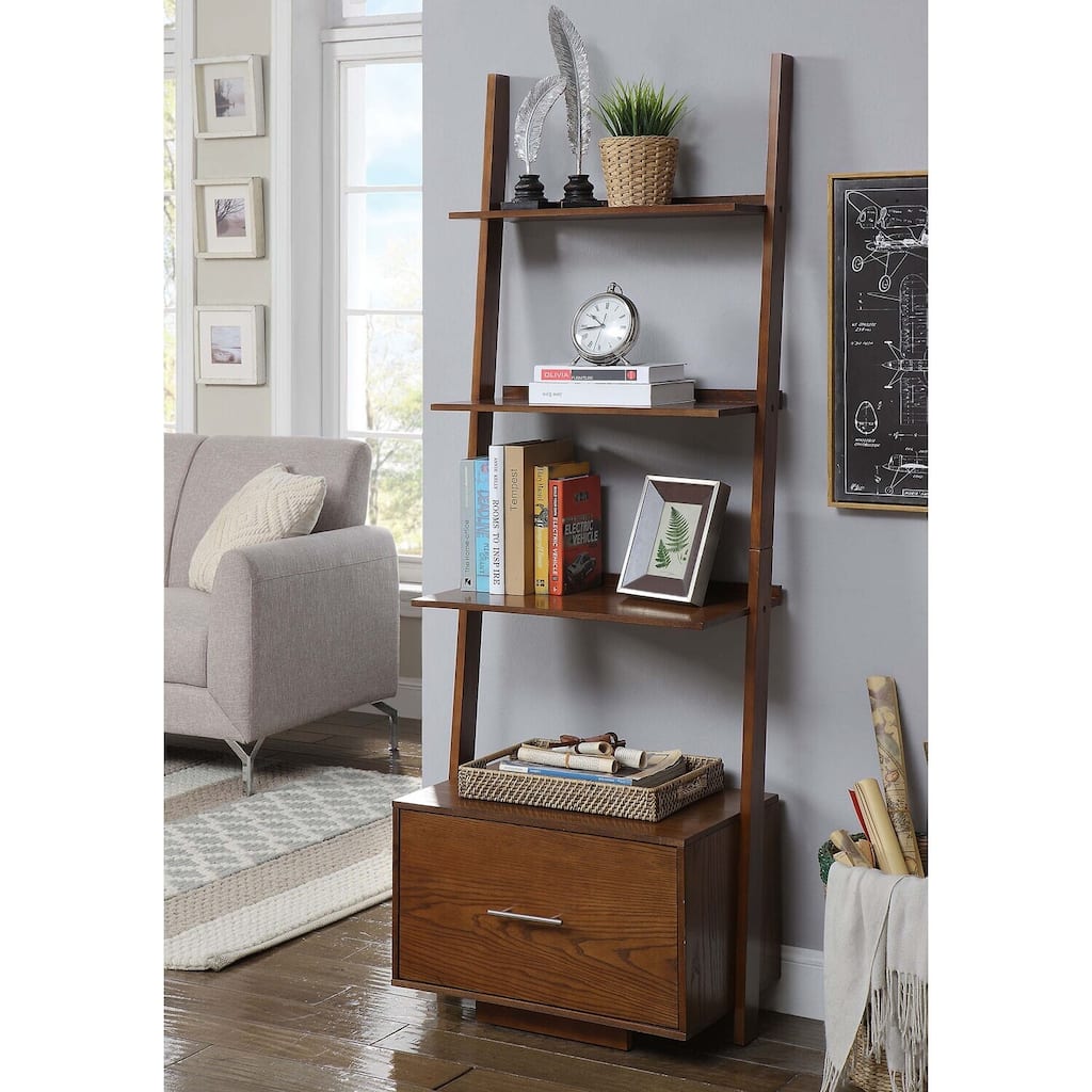Ladder Bookcase with 4 Open Shelves and Bottom File Drawer for Storage and Display in Any Room - 24.75