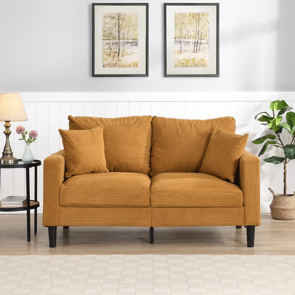 Corduroy High Resilience Loveseat Sofa, Upholstered Couch Settee with Wooden Frame, 2 Seat Sofa with Pillow and Armrest