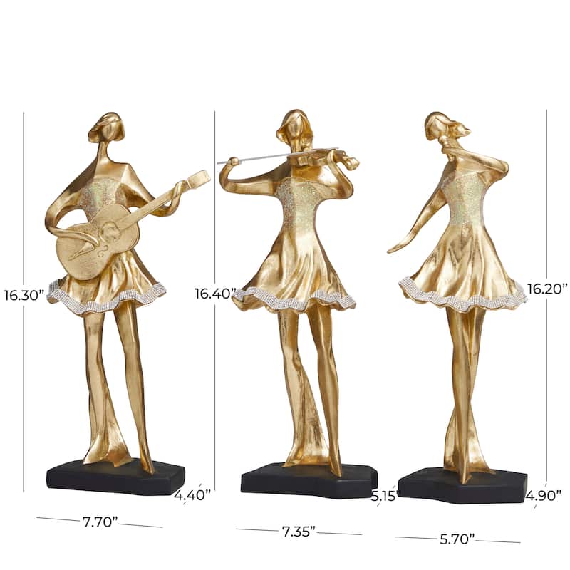 Gold Resin Abstract Women Musician Decorative Sculpture with Glitter and Rhinestone Detailing (Set of 3)
