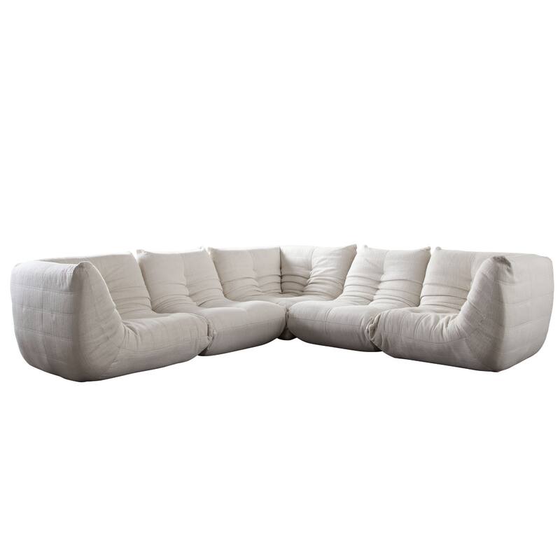 Ezee 5pc Modular L Shaped Sofa, Low Profile Floor Seating Cream Pleated Polyester