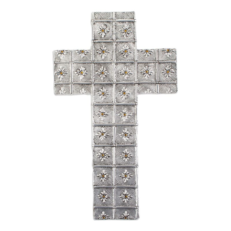 Novica Handmade Amber Crystal Glow Aluminum Repousse Cross