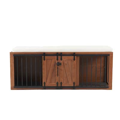 56" Luxury Wooden Dog Crate & Ottoman: 2-in-1 Furniture Style Kennel with Padded Seat, Sliding Barn Door, and Removable Cushion