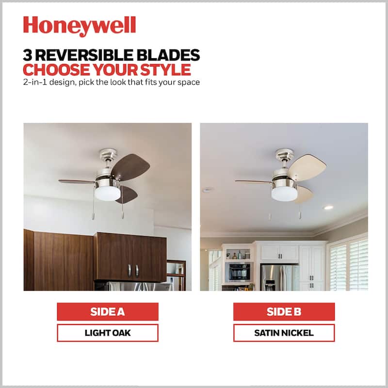 30" Honeywell Ocean Breeze Brushed Nickel Modern Indoor LED Ceiling Fan with Light, Pull Chain