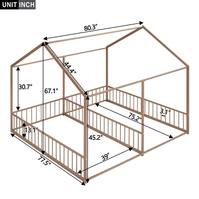 Twin Size Metal House Platform Bed with Roof, Windows, and Guardrails, 2-in-1 Bed Design, Easy Assembly