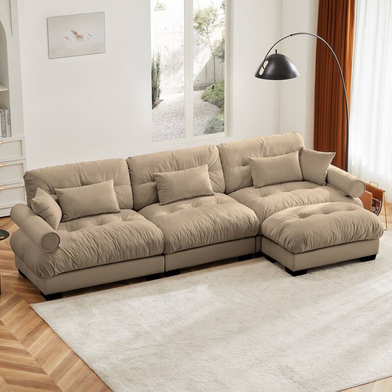 130" Velvet Oversized Modular Sectional Sofa with Ottoman & Cloud Cushions - Camel