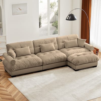 Oversized Velvet Modular Sofa, 130" 3 Seater Modern Sectional Sofa Set with Movable Ottoman, L-Shaped Upholstered Couches