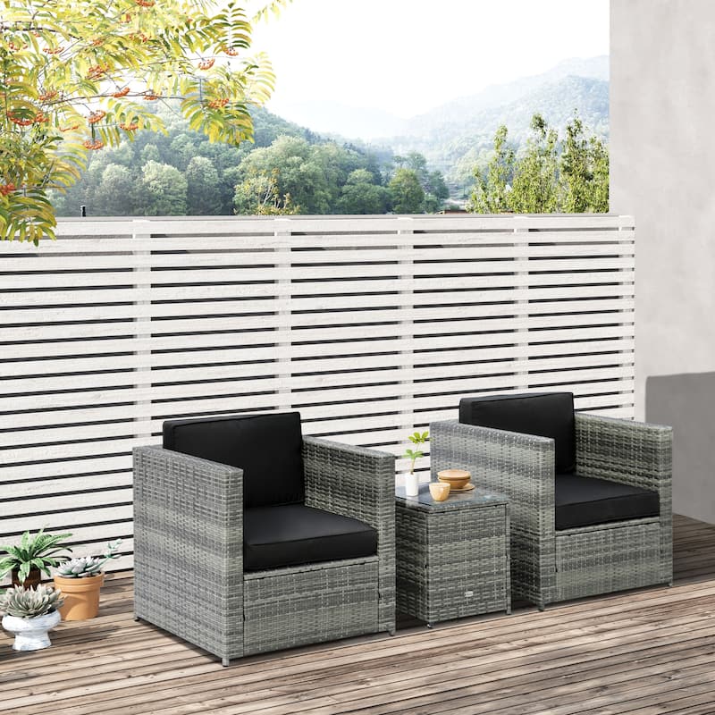 Outsunny 3-Piece Patio Wicker Bistro Set, Outdoor All-hand Weave PE Rattan Conservatory Garden Porch Furniture w/ Coffee Table - Mixed Grey