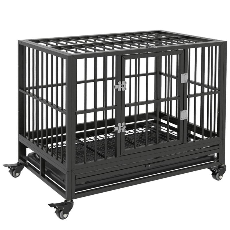 Grey Dog Cage with Secure Welded Frame Slide-Out Tray Front and Top Doors and Rolling Wheels - 36.25" L x 24.5" W x 29.5" H