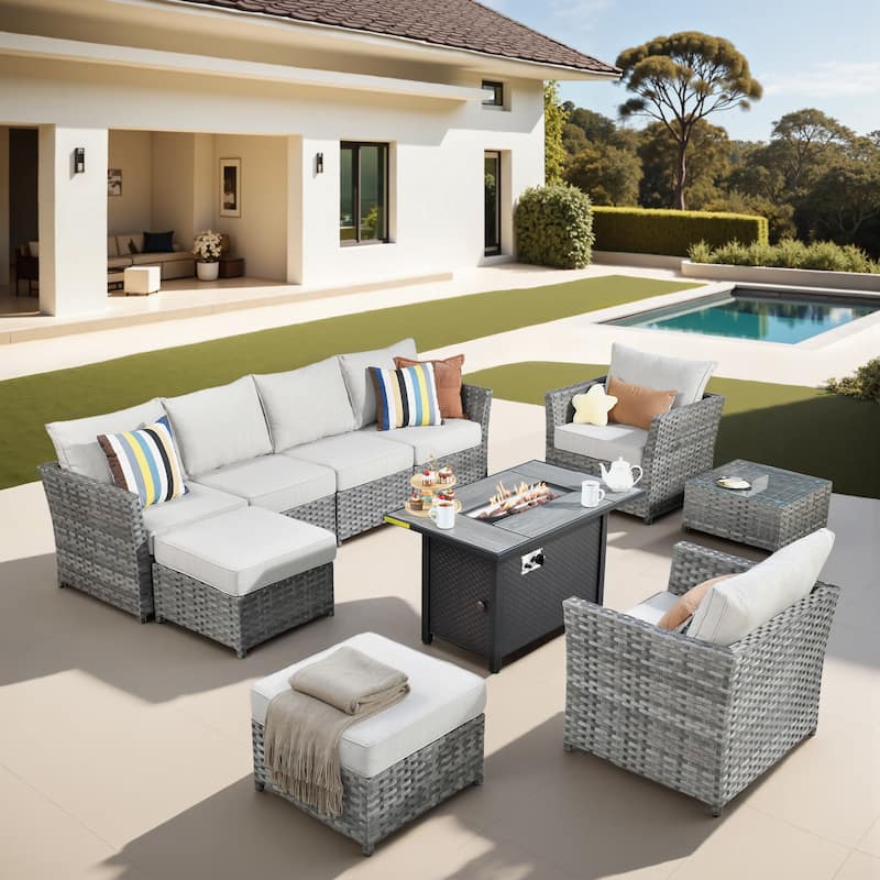 XIZZI 10-piece Patio Furniture Outdoor Sectional Sofa Set with Fire Pit - Beige