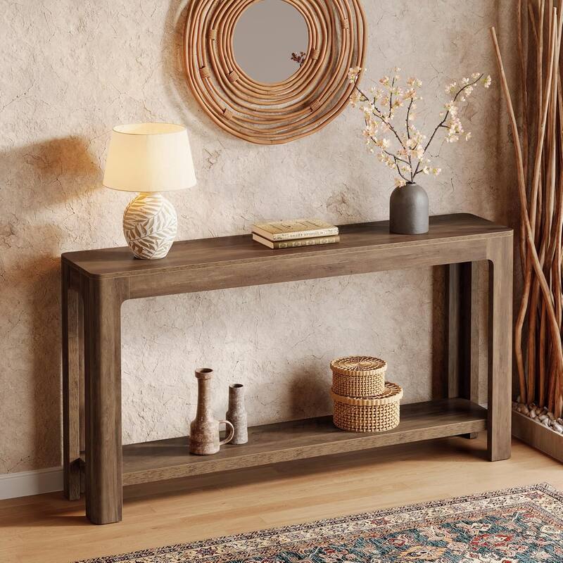 63-Inch Farmhouse Console Table with Storage for Entryway, Narrow Sofa Table Behind Couch for Living Room, Hallway, Foyer - Brown