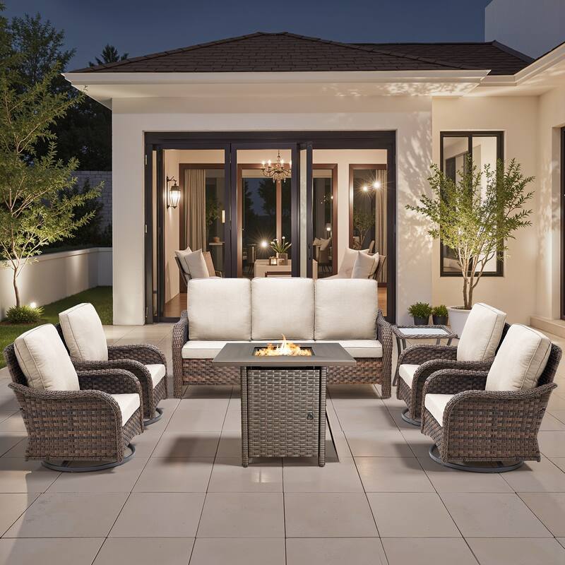 Pocassy Patio Sofa Swivel Chair with Fire Table Funiture Set - Beige Cushion - Brown Wicker - 8-Piece Sofa Swivel Chair with Fire Pit Table