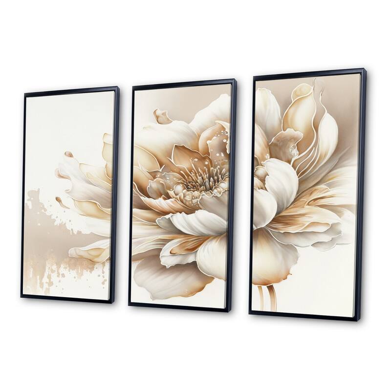 Designart "Blooming Beige Floral Design I" Floral Framed Canvas Art Print - 3 Panels