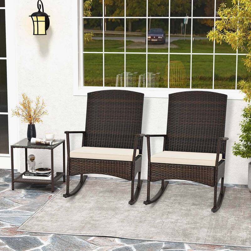 3 PCS Patio Rocking Set Wicker Rocking Chairs with 2-Tier Coffee Table