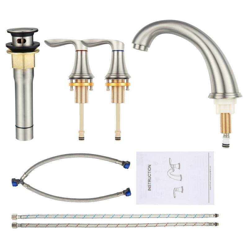 2 Pcs Bathroom Sink Faucet 3 Hole with Stainless Steel Pop up Drain and cUPC Hose, Brushed Silver - 3.59x3.59x7.87in