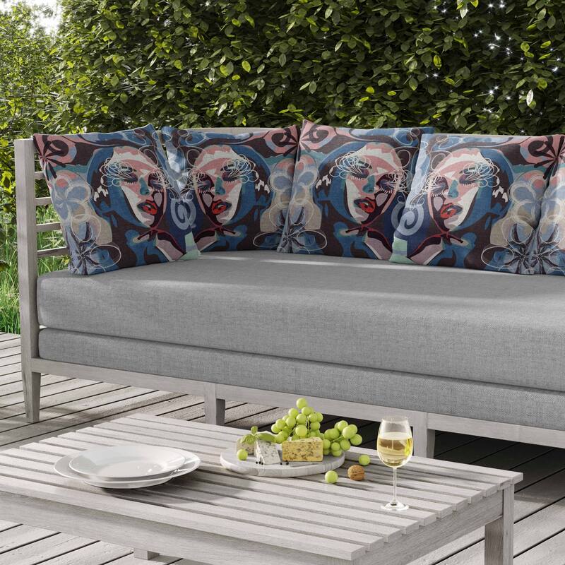 Face Pop Art Indoor/Outdoor Reversible Throw Pillow Blue and Pink