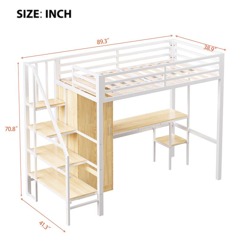 Metal Twin Loft Bed with Desk, Wardrobe, Shelf, and Storage Staircase, No Box Spring Needed