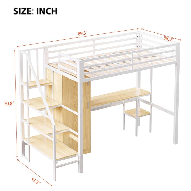 Twin Size Loft Bed with Storage Ladder, Metal Loft Bed Frame with Large Wardrobe & Desk for Teens Kids, No Box Spring Needed