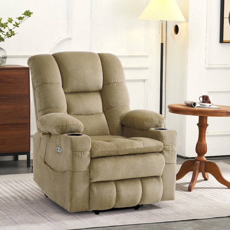 MCombo Large Dual Motor Power Lift Recliner Chair with Massage and Dual Heating for Big and Tall Elderly People, Fabric 7634 - Beige
