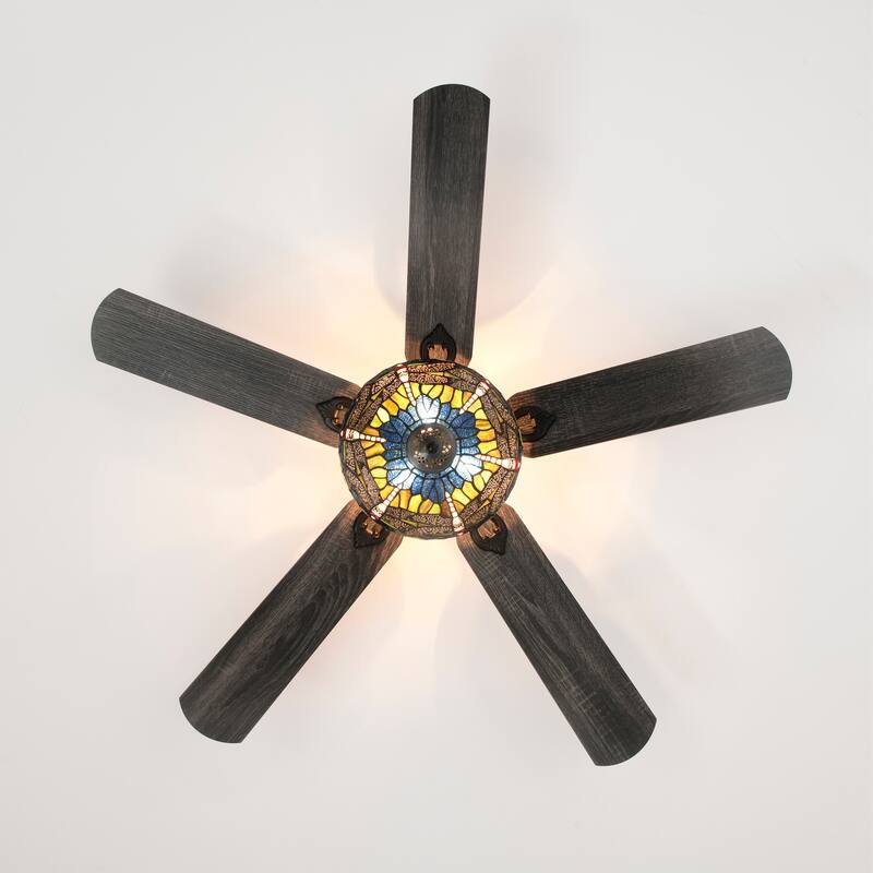 Penana 52-Inch Flushmount Lighted Ceiling Fan Green Blue Dragonfly Tiffany Glass Lamp Black Finish