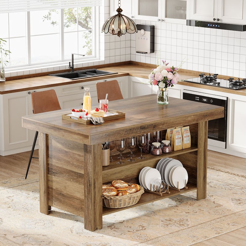 55" Kitchen Island with Storage, Stationary Island Table Bar Table
