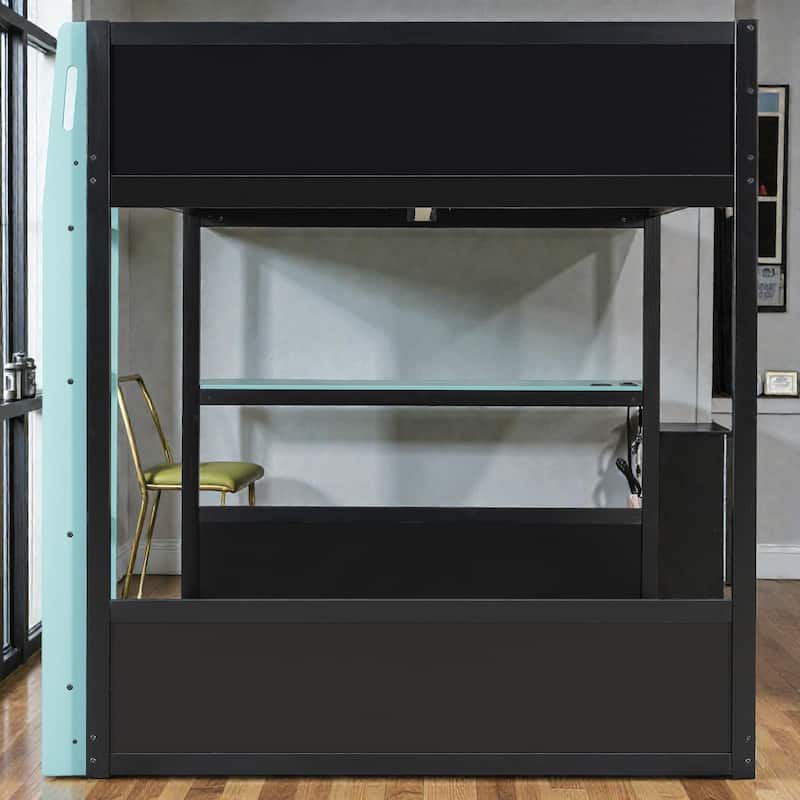 Full Size Gaming Loft Bed with RGB Desk, USB Charging Ports, LED Lights, Heavy Duty Esports Bunk Bed