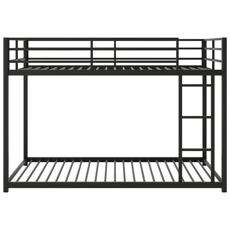 Twin/Full Size Metal Low Bunk Bed, Heavy Duty Steel Bunk Bed Frame with Built In Ladder and Guardrail