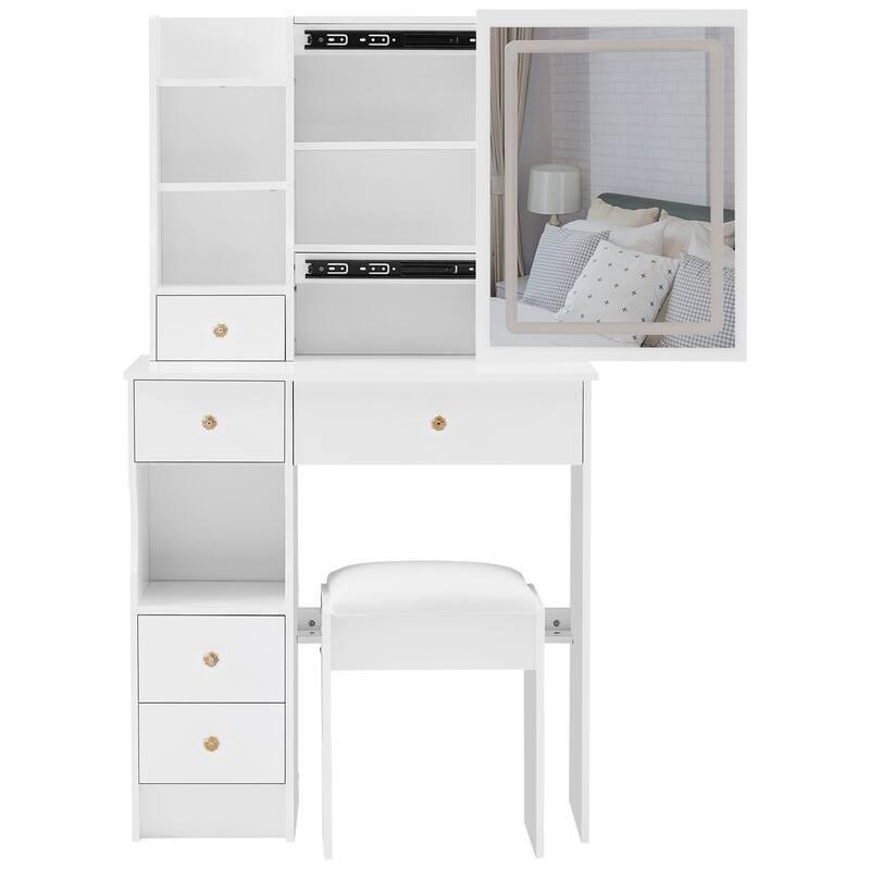 29.2" Small Size Left Drawer Desktop Vanity Table + Cushioned Stool, Large Sliding, Touch Control, Tri-color Switching