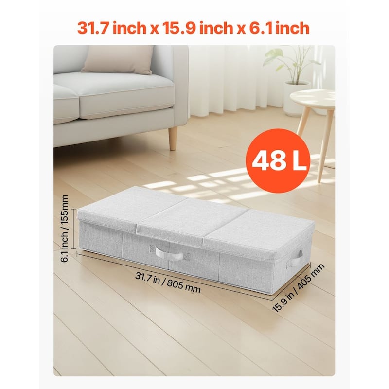 Set of 2 Grey Linen Under Bed Storage Bags Foldable Clothes Organizer with Reinforced Handles - 31.7 x 15.9 x 6.1 inch