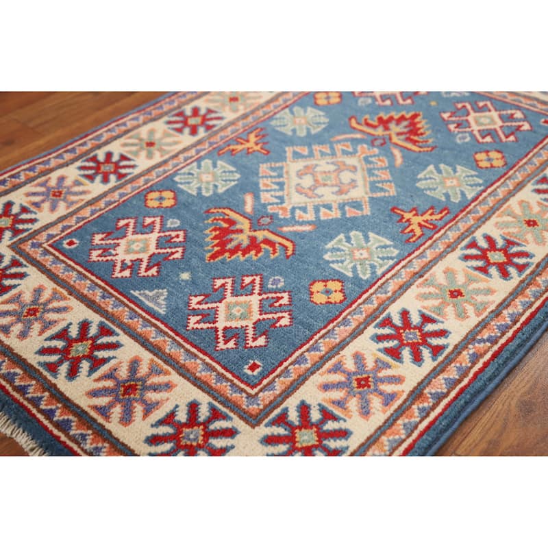Blue Kazak Oriental Rug Traditional Hand-Knotted Wool Carpet - 2'0"x 3'0"