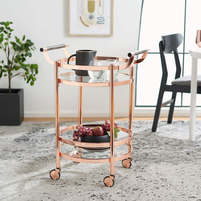 SAFAVIEH Sienna 2 Tier Round Bar Cart-Black Nickel / Glass. - 24" W x 20" D x 34" H - Rose Gold
